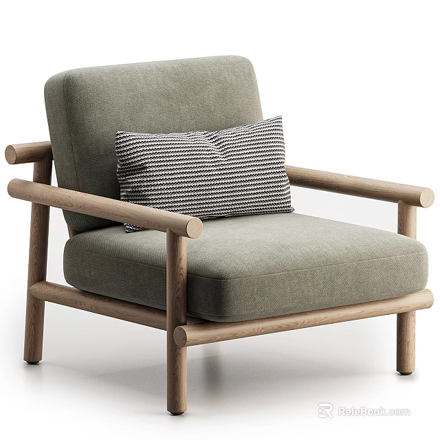 Modern Single Sofa With Gray Fabric Wooden Armrests And Black White Striped Pillow 3d model 