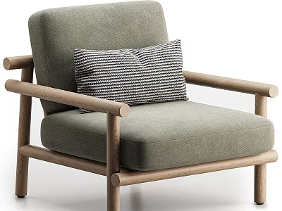 Modern Single Sofa With Gray Fabric Wooden Armrests And Black White Striped Pillow 3d model