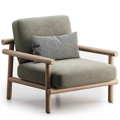 Modern Single Sofa With Gray Fabric Wooden Armrests And Black White Striped Pillow 3d model
