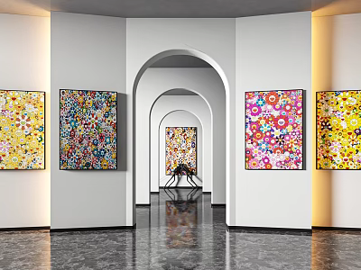Modern Hotel Lobby Interior With Arched Doorways Colorful Floral Paintings And Marble Floors 3d model