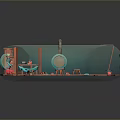Pink And Blue Furniture With Cabinets And Tables In Circular Playhouse Indoor Scene
