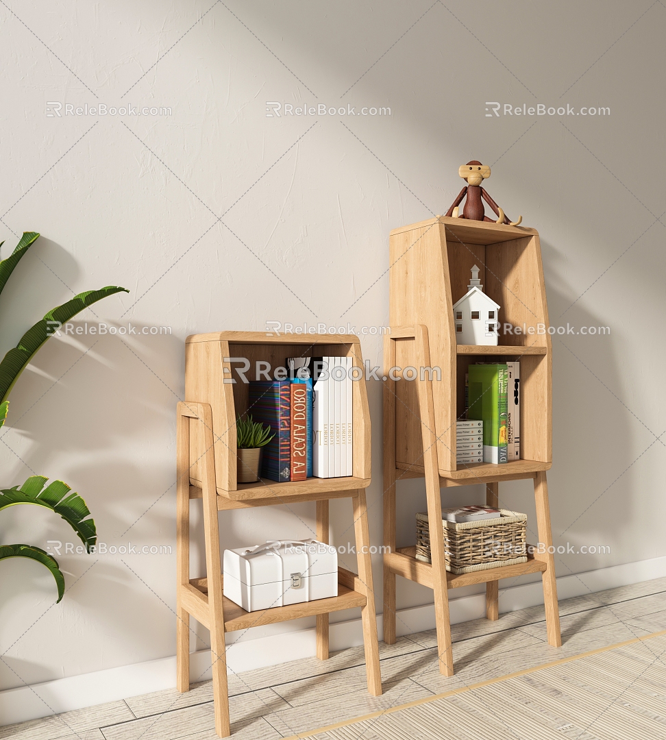 Nordic Solid Wood Bookshelf High Cabinet Low Cabinet Book Ornaments 3d model