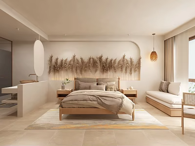 Hotel Guest Room Interior With Warm Natural Tones Wooden Bed Daybed And Pampas Grass Decor 3d model
