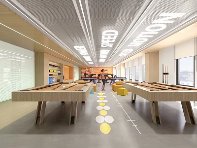 Modern Conference Room with Long Tables Pool Table Design Ceiling Words and Floor Markers 3d model