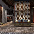 Traditional Chinese Medicine Shop Interior With Wooden Herbal Cabinets Drawers And Hanging Lamps