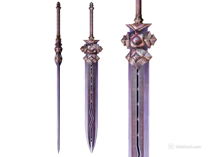 Three Decorative Swords Featuring Ornate Hilts Sleek Purple Blades And Intricate Patterns 3d model 