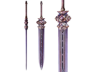 Three Decorative Swords Featuring Ornate Hilts Sleek Purple Blades And Intricate Patterns 3d model