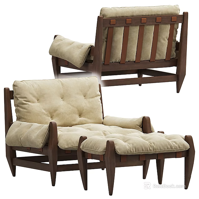 Comfortable Modern Lounge Chair With Wooden Frame Beige Cushion And Ottoman 3d model 