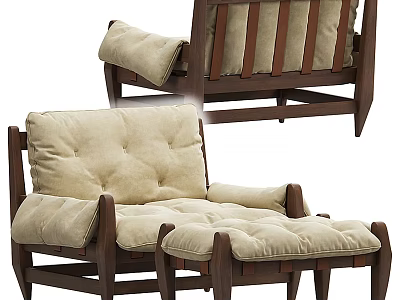 Comfortable Modern Lounge Chair With Wooden Frame Beige Cushion And Ottoman 3d model