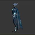 Futuristic Game and Movie Character in Blue Armor Costume with Glowing Chest Cape and Helmet