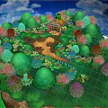 Scenic Floating Island with Lush Green Trees Orange Roof Cottage Blue Sky Clouds Central Path