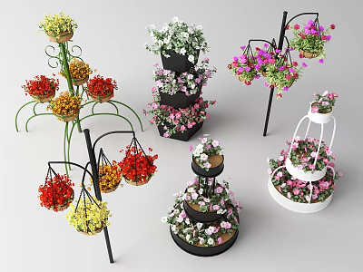 Colorful Garden Ornaments With Tiered Planters Hanging Baskets And Mixed Flowers 3d model