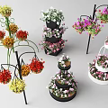 Colorful Garden Ornaments With Tiered Planters Hanging Baskets And Mixed Flowers