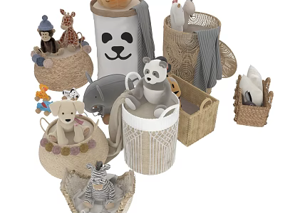 Adorable Animal Plush Toys in Woven Baskets and Containers Featuring Panda Giraffe Zebra Puppy Designs 3d model