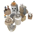 Adorable Animal Plush Toys in Woven Baskets and Containers Featuring Panda Giraffe Zebra Puppy Designs