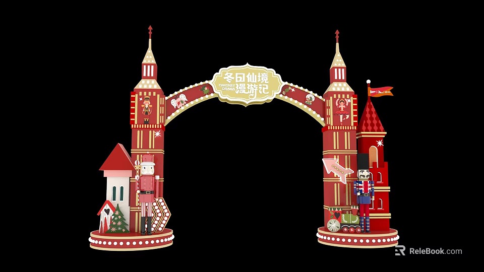 Festive Red Event Gateway With Golden Decorations And Tower Structures 3d model 