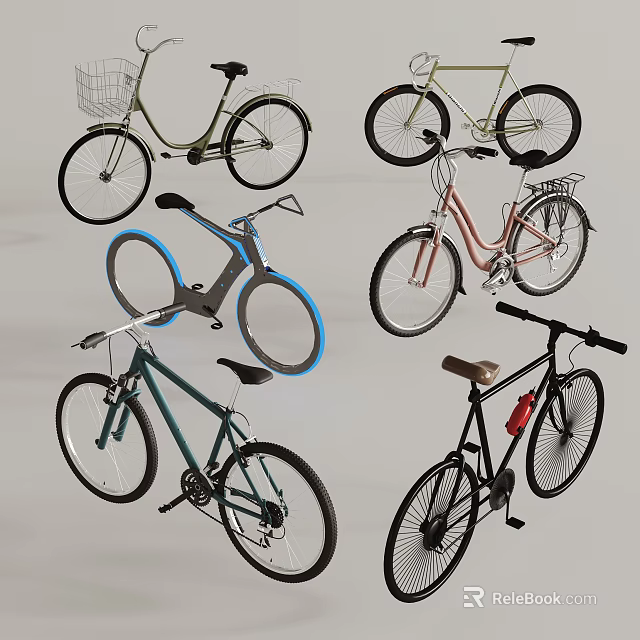 Collection of Stylish Bicycles in Diverse Colors with Baskets and Racks 3d model 