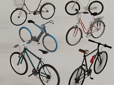 Collection of Stylish Bicycles in Diverse Colors with Baskets and Racks 3d model