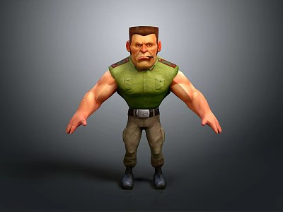 Muscular Male Character With Green Sleeveless Shirt Khaki Pants And Serious Expression 3d model