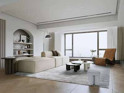Modern Living Room Interior With Beige Sofa Arched Bookshelf And Floor-to-Ceiling Windows 3d model