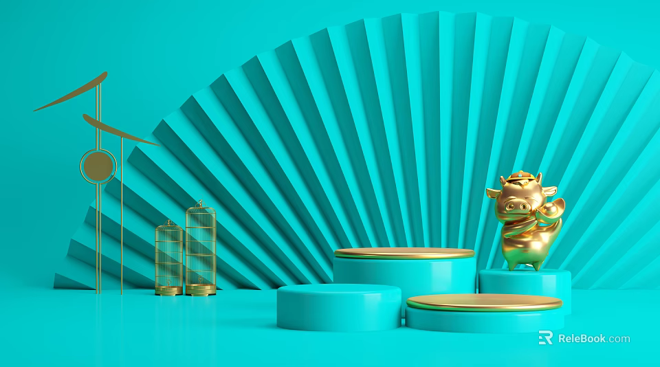 Turquoise Background With Fan Shaped Decoration And Golden Ox Figurine Placed On Blue Platforms 3d model 