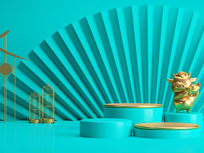 Turquoise Background With Fan Shaped Decoration And Golden Ox Figurine Placed On Blue Platforms 3d model