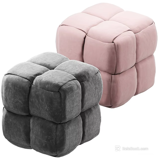 Gray and Pink Cube Ottoman with Soft Velvet Upholstery Modern Design 3d model 