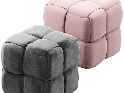 Gray and Pink Cube Ottoman with Soft Velvet Upholstery Modern Design 3d model