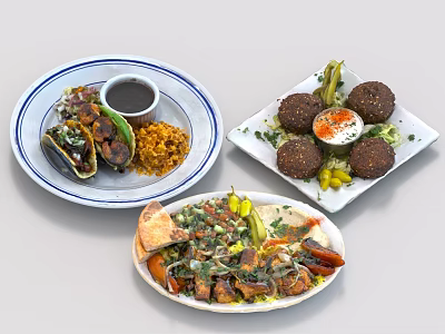 Traditional Mediterranean Food Assortment Featuring Tacos Falafel Grilled Meat Pita And Fresh Vegetables 3d model