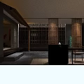 Modern Traditional Tea House Interior With Long Wooden Table Stools And Hanging Lights