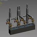 Industrial Factory Facility With Metal Pipes Valves Blue Liquid Container And Stone Floor