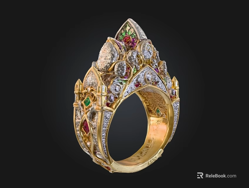 Luxury Gold Ring Adorned With Diamonds Rubies Emeralds And Intricate Design 3d model 