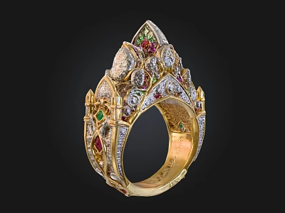 Luxury Gold Ring Adorned With Diamonds Rubies Emeralds And Intricate Design 3d model