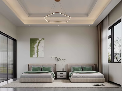 Minimalist Bedroom Interior With Twin Double Beds Green Pillows Large Window And Modern Pendant Light 3d model