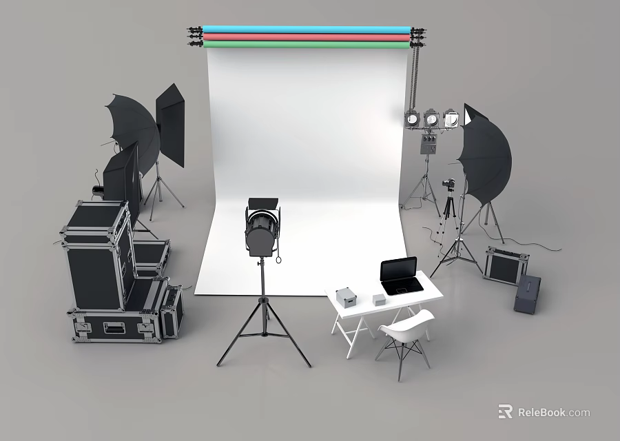Bridal Shop Photography Studio With White Backdrop Professional Lighting Tripod And Camera Gear 3d model 