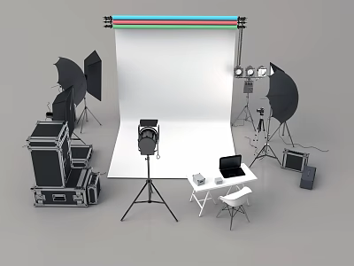 Bridal Shop Photography Studio With White Backdrop Professional Lighting Tripod And Camera Gear 3d model