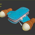 Blue sandwich shaped toy with two orange ice cream cones white tops and striped straw