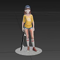 Skater Girl in Blue Cap Yellow T-shirt Blue Shorts White Socks Red Shoes Holding Skateboard