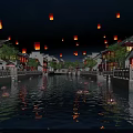 Ancient Town Night Scene With Floating Lanterns And Lotus Lights Reflecting In Water