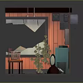 Cartoon Laundry Room Scene With Orange Wooden Walls Green Washing Machine And Orange Chairs