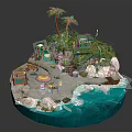 Cartoon Island Scene With Palm Trees Beach House Slide Red Car And Blue Ocean
