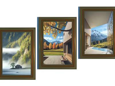 Scenic Landscape Paintings Wall Art with Misty Mountains Autumn Trees and Snowy Mountain Pool Views 3d model