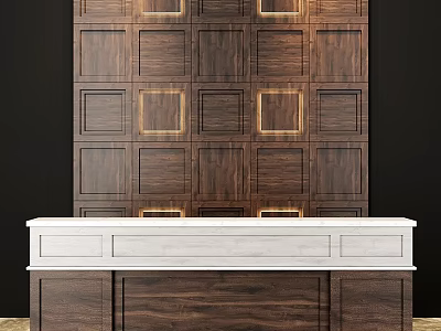 Elegant Dark Wood Table and Chairs Combination with White Countertop and Golden Frame Wall 3d model