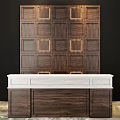 Elegant Dark Wood Table and Chairs Combination with White Countertop and Golden Frame Wall