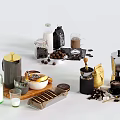 Fresh Coffee Beans Chocolate Bar And Nuts With Milk Bottle Coffee Pot And Grinder