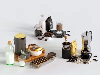 Fresh Coffee Beans Chocolate Bar And Nuts With Milk Bottle Coffee Pot And Grinder 3d model