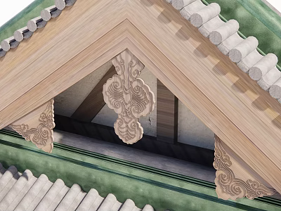 Ancient Architecture Roof with Intricate Carved Patterns on Wooden Beams and Green Tiles 3d model