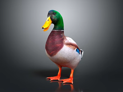 Colorful Mallard Duck With Green Head Yellow Beak And Orange Feet On Gray Background 3d model