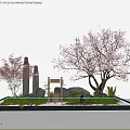 Serene Garden Courtyard Featuring Cherry Blossom Tree Red Maple Stone Pillars And Wooden Well
