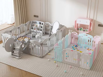 Kids Play Area Featuring Gray Pink Blue Enclosed Playpens Slide Toys Mirror And Colorful Balls 3d model